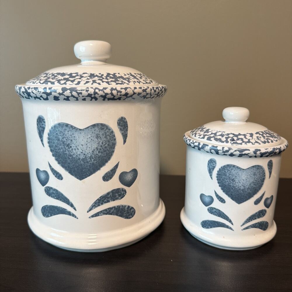 Vintage Jay Imports Blue Hearts 2 piece Ceramic Canister Set with Lids And Seals